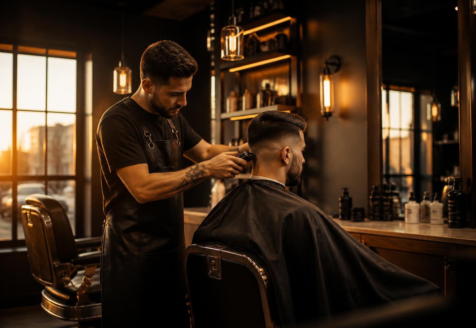 Barbeiro finalizando um corte degradê em barbearia moderna